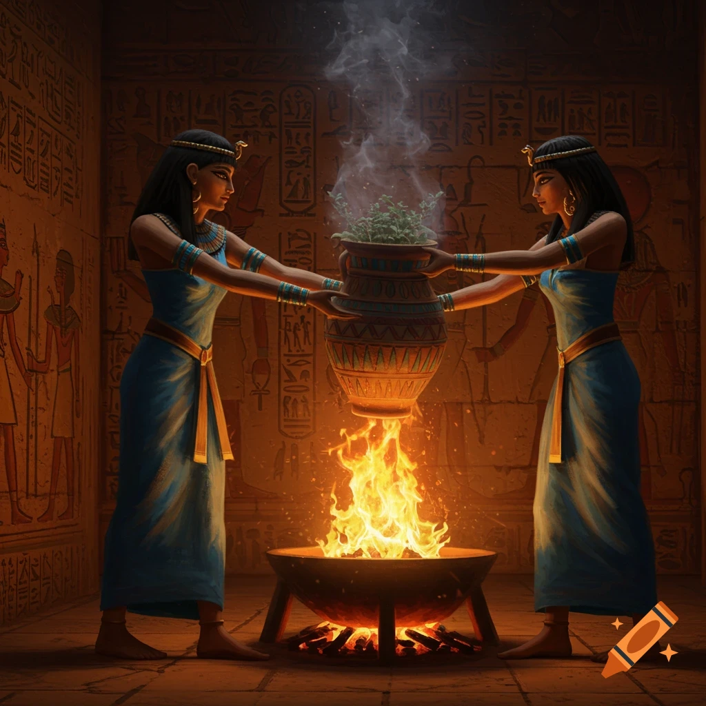 Two ancient Egyptian women in blue dresses hold an herbal pot over a flaming cauldron in a hieroglyph-covered temple.