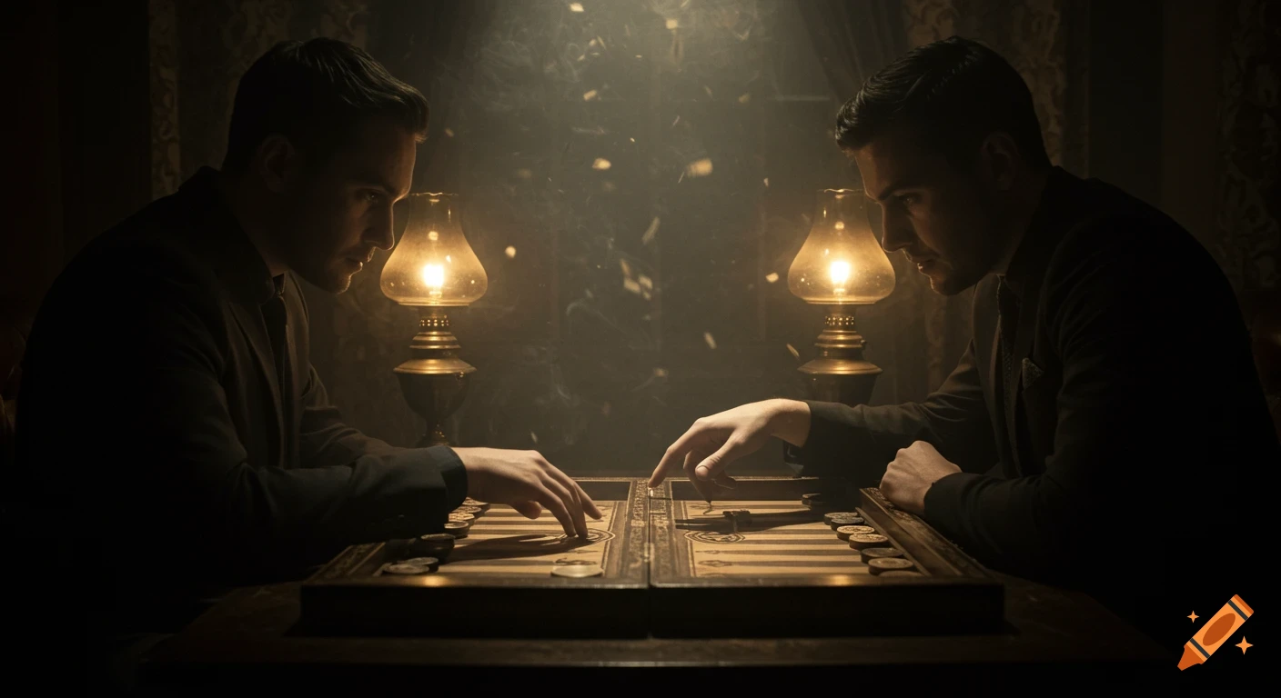 Two men intently playing backgammon at a table, lit dramatically by two oil lamps in a dark, mysterious room.