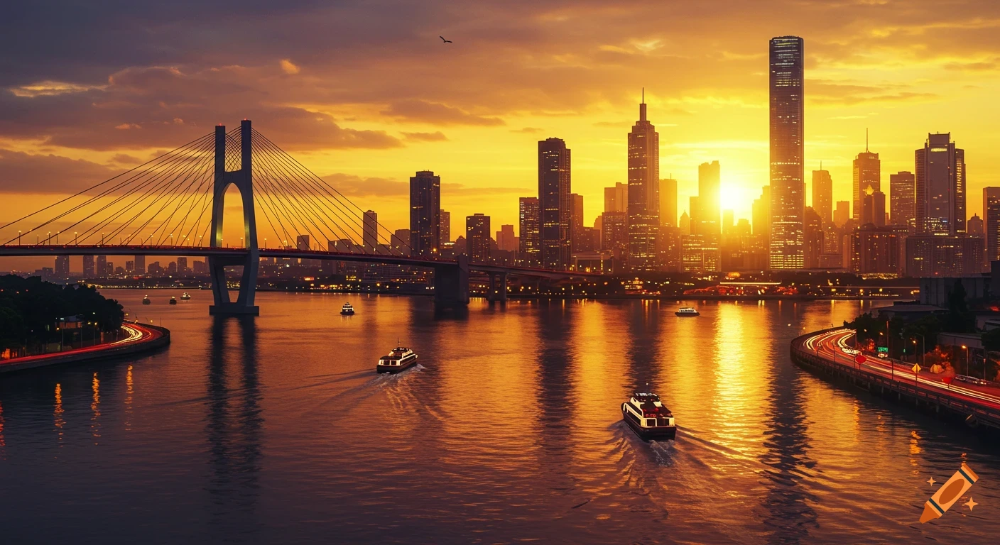 Photorealistic image of a vibrant city skyline at sunset with a suspension bridge over a river and boats on the water.