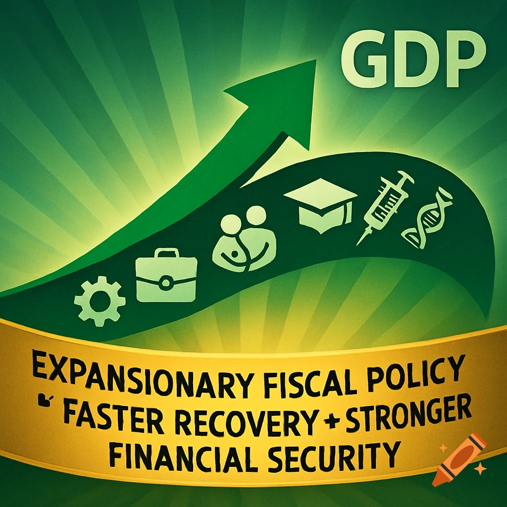 A green stylized image with a large upward arrow symbolizing GDP growth, surrounded by icons for jobs, families, schools, vaccines, and a gear. A gold banner at the bottom reads: "Expansionary fiscal policy & faster recovery + stronger financial security"