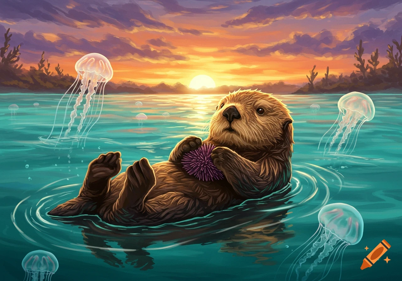 A cute illustrated sea otter floats on its back with a sea urchin, surrounded by jellyfish in turquoise water at sunset.
