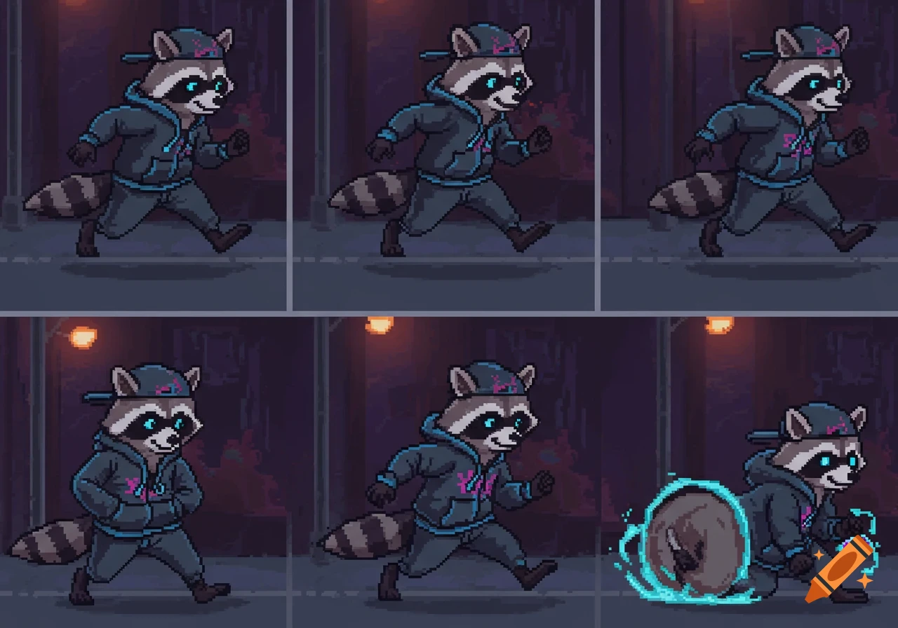 A pixel art animation sprite sheet of a running raccoon character in a grey hoodie and cap, with blue glowing eyes.
