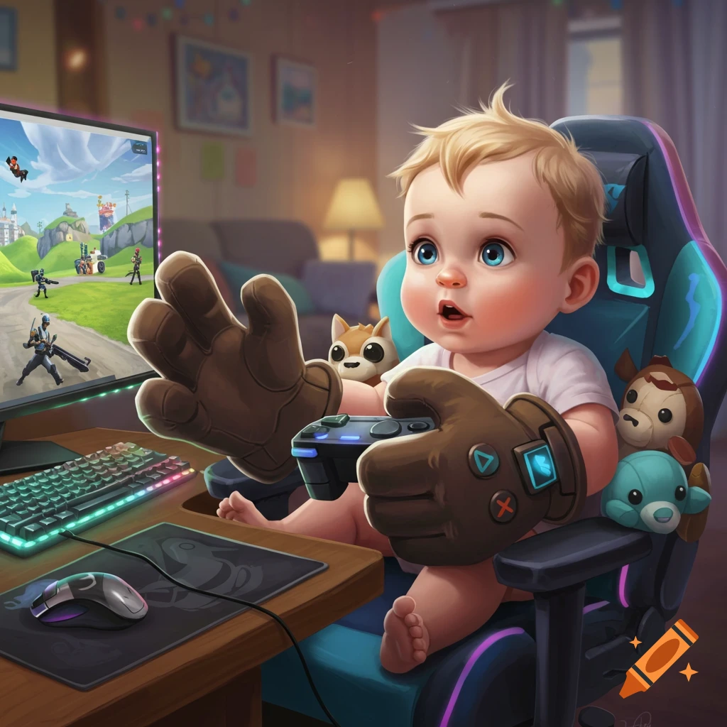 A cute baby with giant gloves playing Fortnite on a computer in a gaming chair.