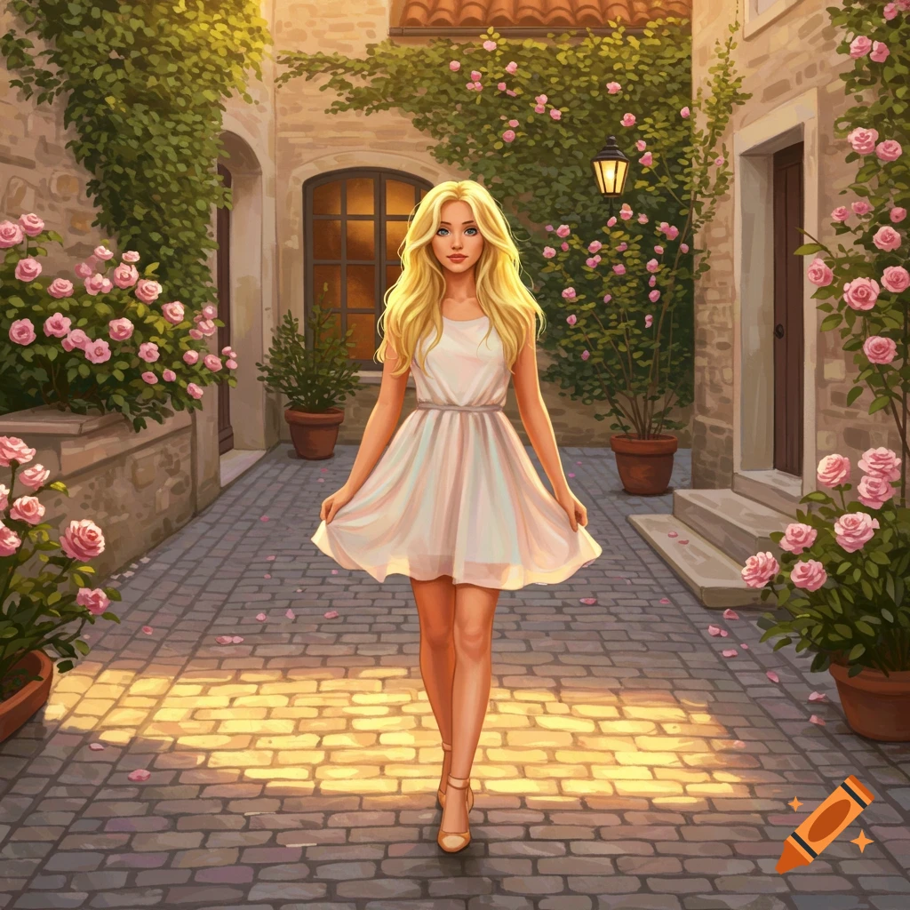 An illustrated blonde woman in a white dress walks down a sunlit stone alleyway lined with pink roses and ivy.