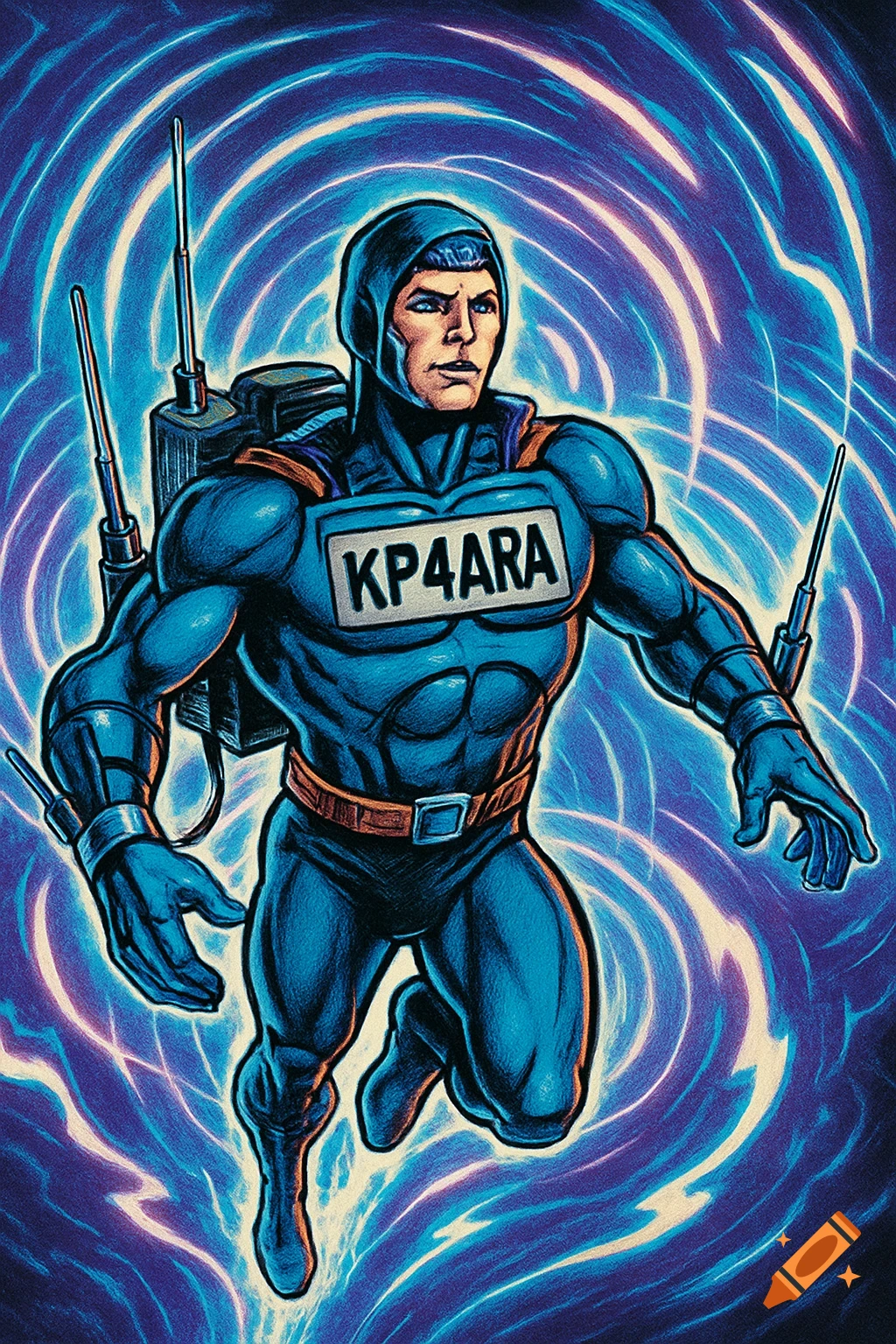 A comic art superhero in a blue suit with antennas and 'KP4ARA' on his chest, floating amidst swirling blue and purple energy.