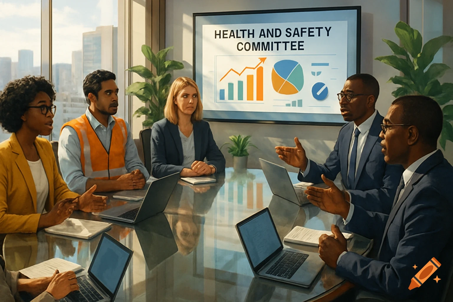 A diverse group of professionals attend a health and safety committee meeting in a modern office.