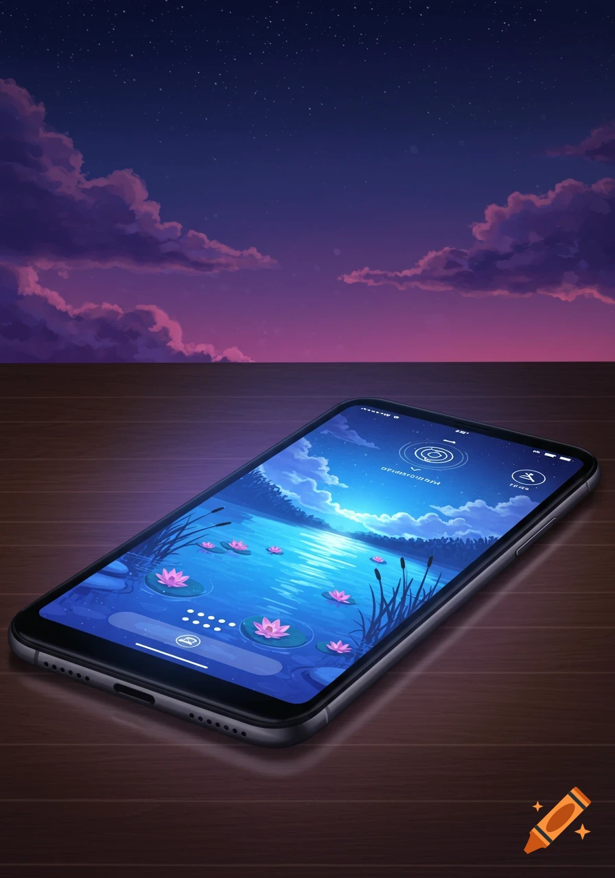 A smartphone lies on a wooden table, displaying a serene night lake scene with lotus flowers and a starry sky app.