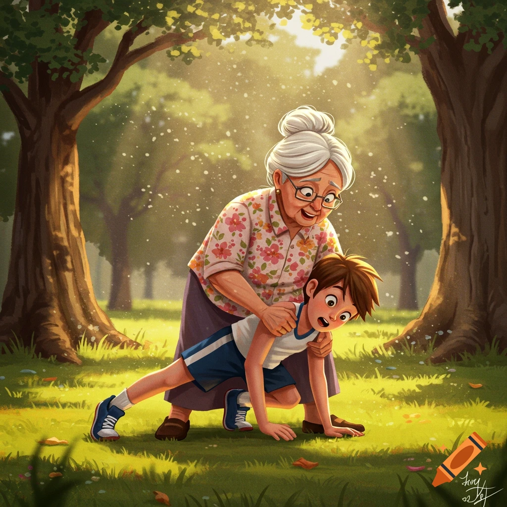 A smiling old lady helps a boy on his hands and knees in a sunny park, in a cartoon illustration style.