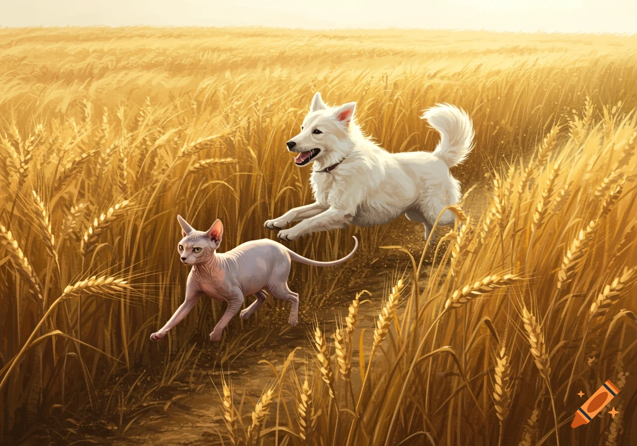 An illustrated white dog jumps over a Sphynx cat running through a golden wheat field.
