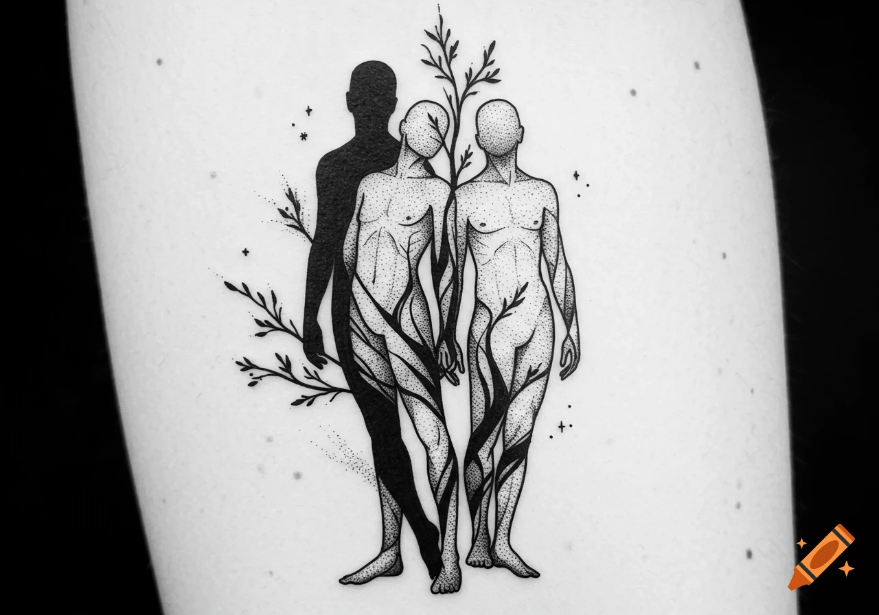 Black and white tattoo of two stylized human figures intertwined with branches, with a dark silhouette behind them.