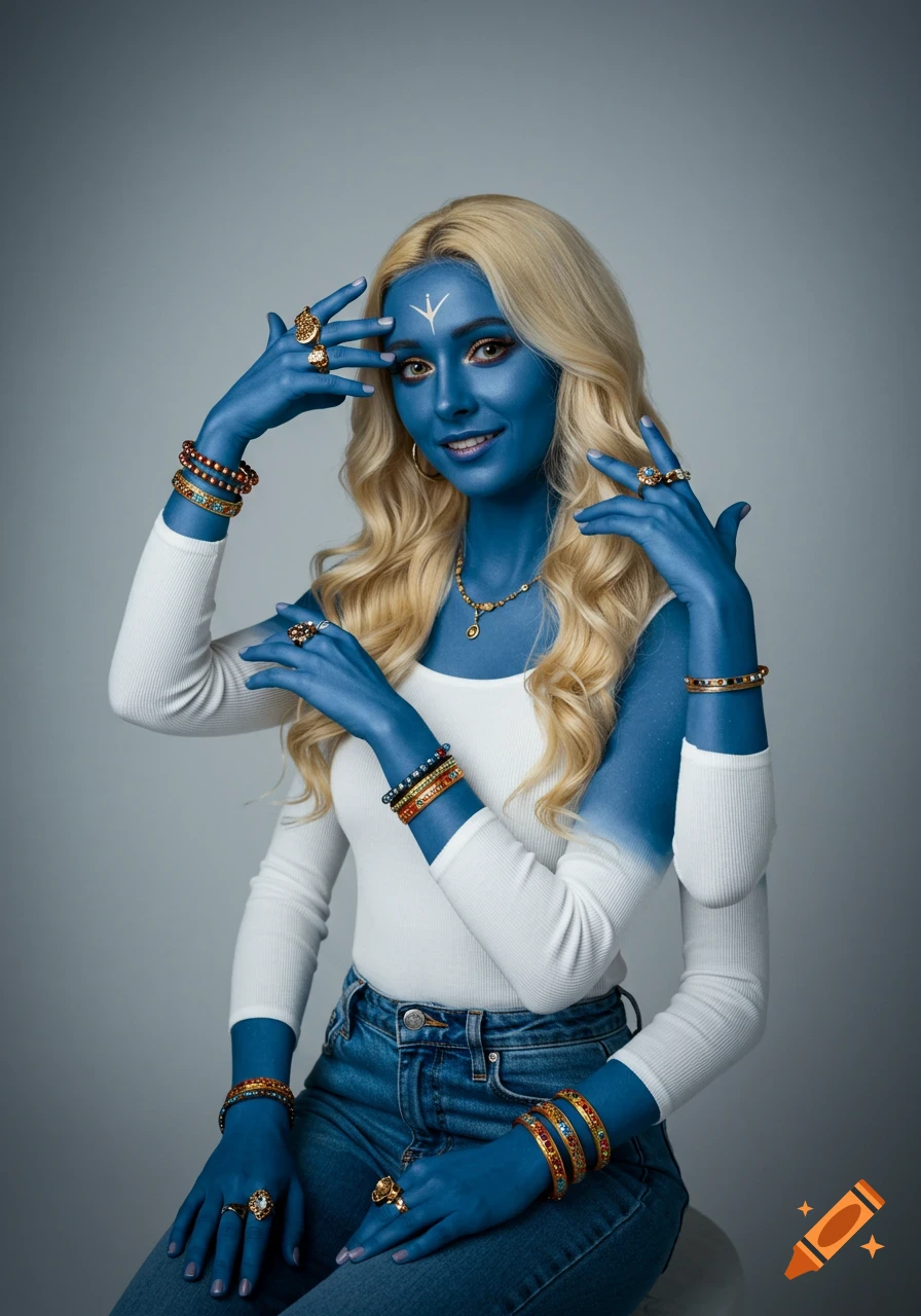 A woman with blue skin and blonde hair, wearing a white top, jeans, and bangles, smiles with her four arms.
