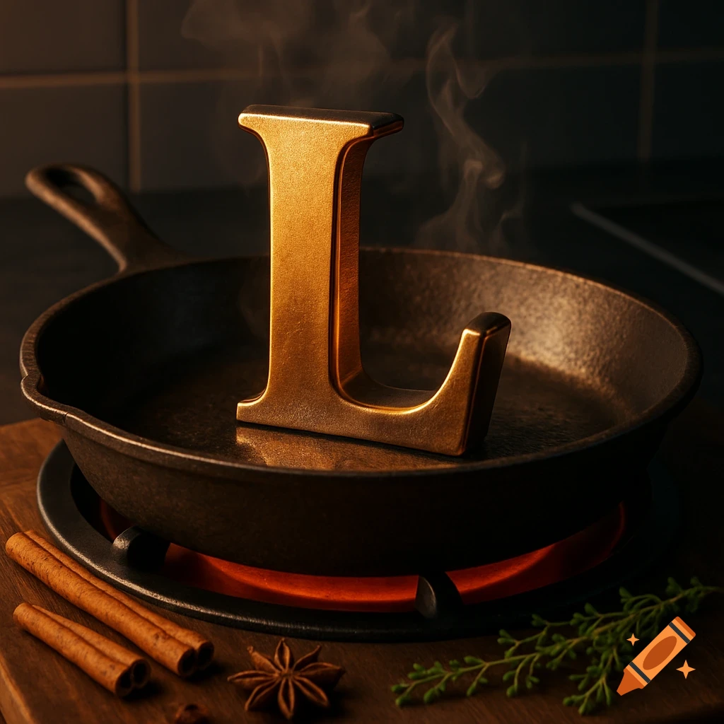 Photorealistic image of a golden letter 'L' steaming in a hot cast iron frying pan, surrounded by cinnamon sticks and star anise on a wooden board.
