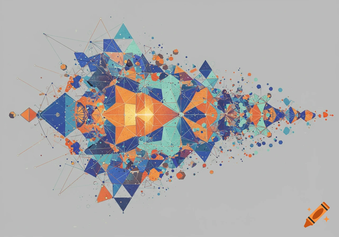 Abstract digital art with blue, teal, and orange geometric polygons and lines on a light gray background.