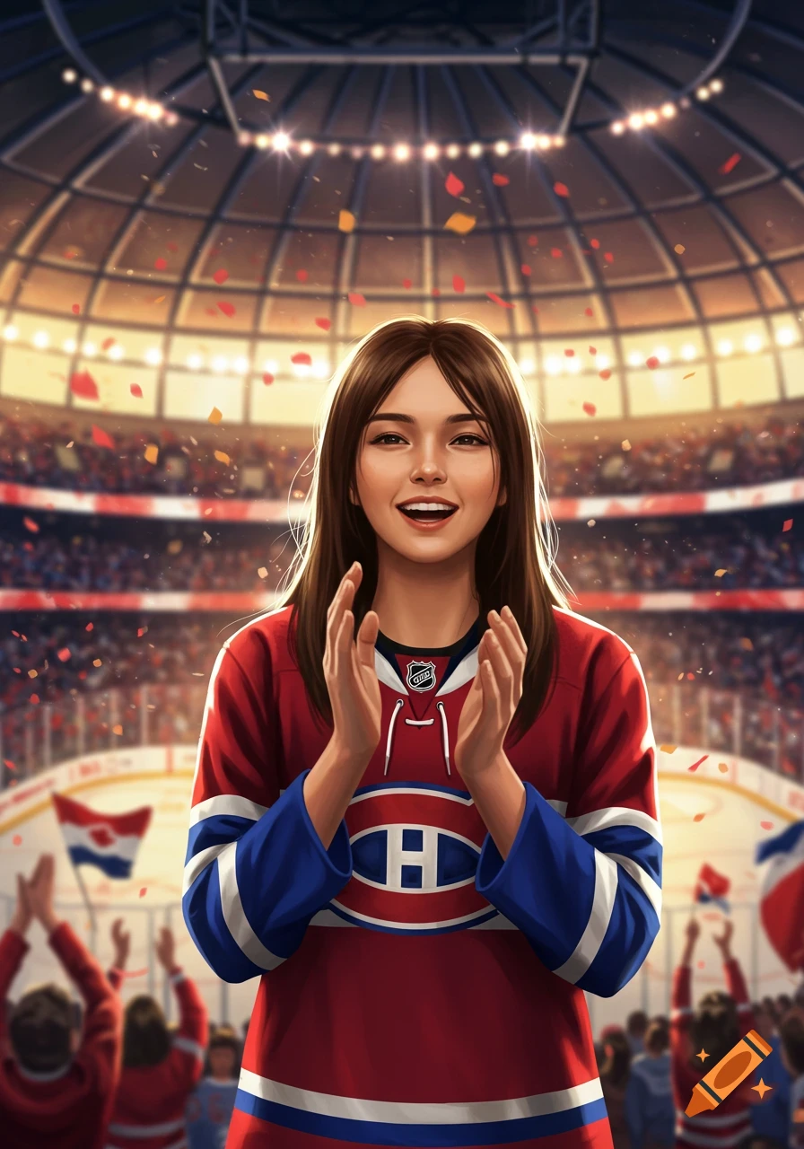 A young woman in a Montreal Canadiens hockey jersey claps joyfully in a crowded, brightly lit stadium with confetti falling.