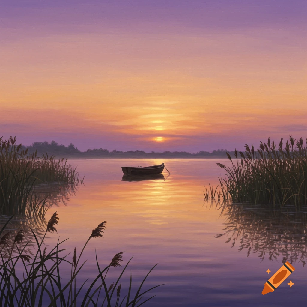 Painting of a tranquil sunset over a lake with a small boat and reeds, vibrant orange and purple sky reflecting on the water.