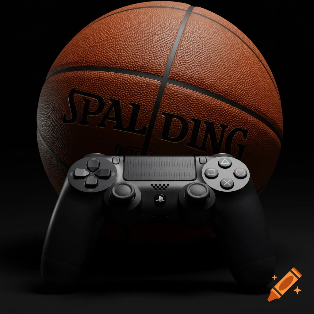 A close-up, photorealistic shot of a black PS4 controller in front of a brown Spalding basketball on a dark background.