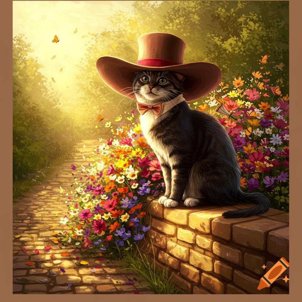 A dapper striped cat wearing a brown top hat and bow tie sits on a brick wall amidst a vibrant flower garden on a sunny path, in a digital painting.