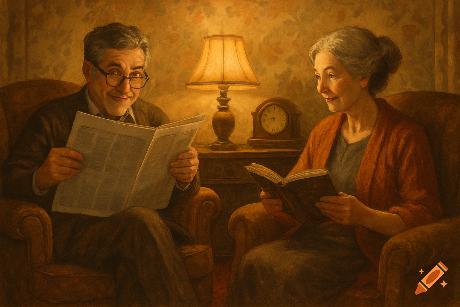 An elderly man reads a newspaper and an elderly woman reads a book in armchairs under warm lamp light, in a painterly style.