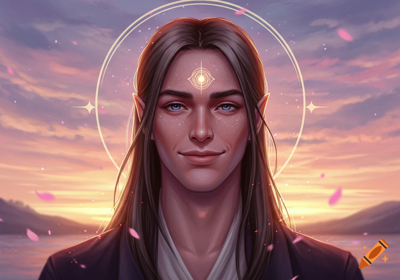 Digital painting of an elf-like person with long dark hair, blue eyes, and a serene smile, against a vibrant sunset sky.