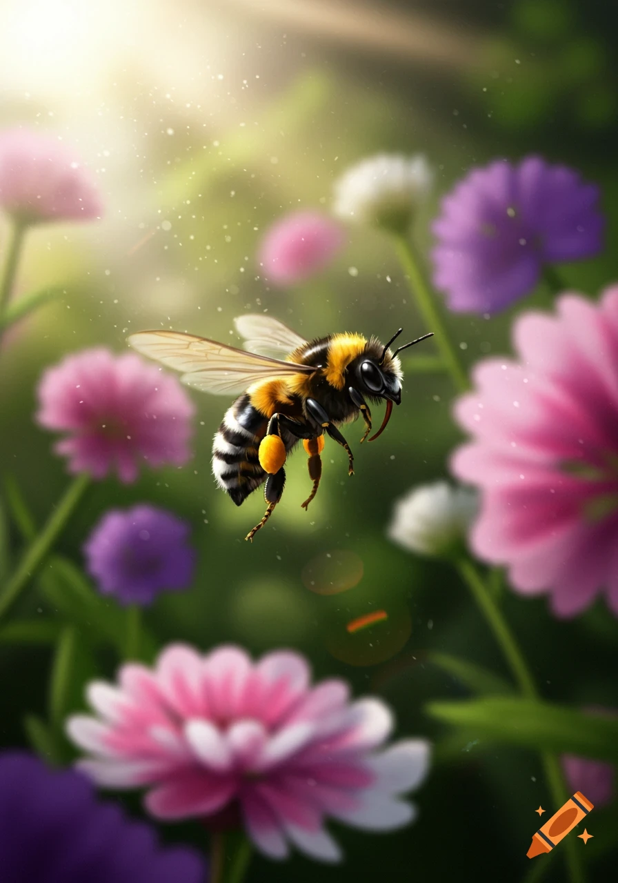 A photorealistic close-up of a bee with pollen flying amongst pink and purple flowers with sunbeams.