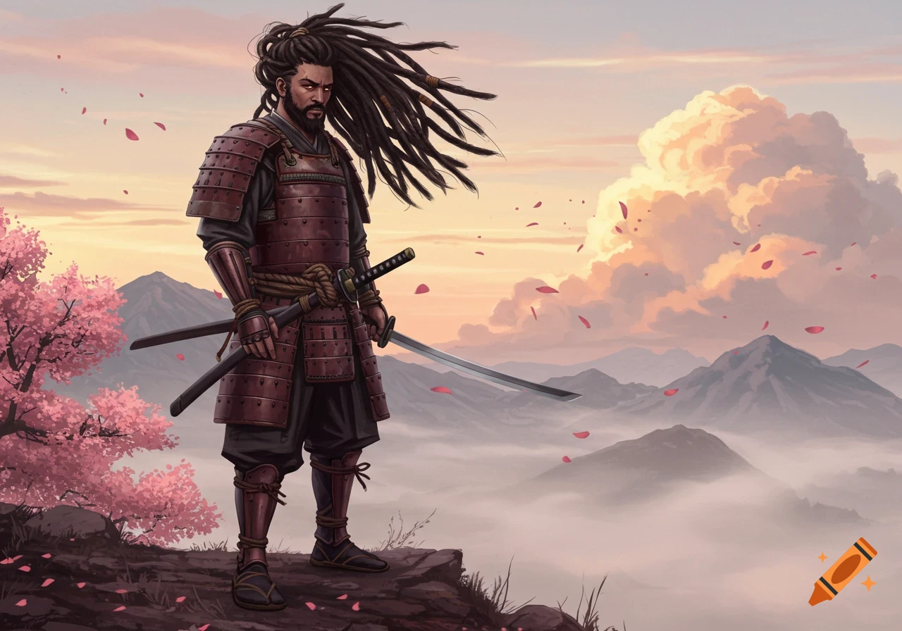 A man with dreadlocks in samurai armor stands on a cliff with pink cherry blossoms and a vast mountain landscape at sunset.