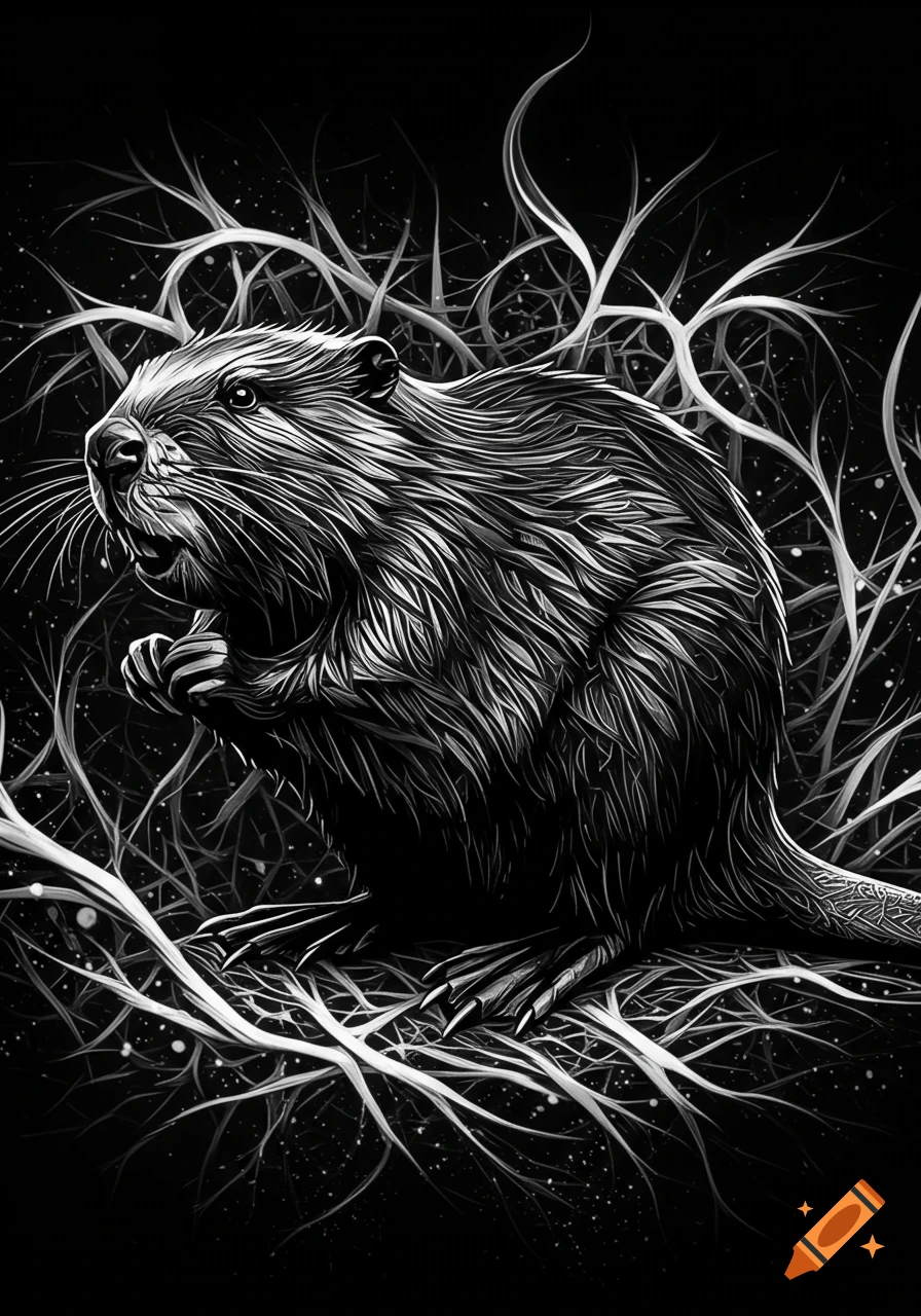 Black and white abstract art illustration of a beaver surrounded by stylized branches.