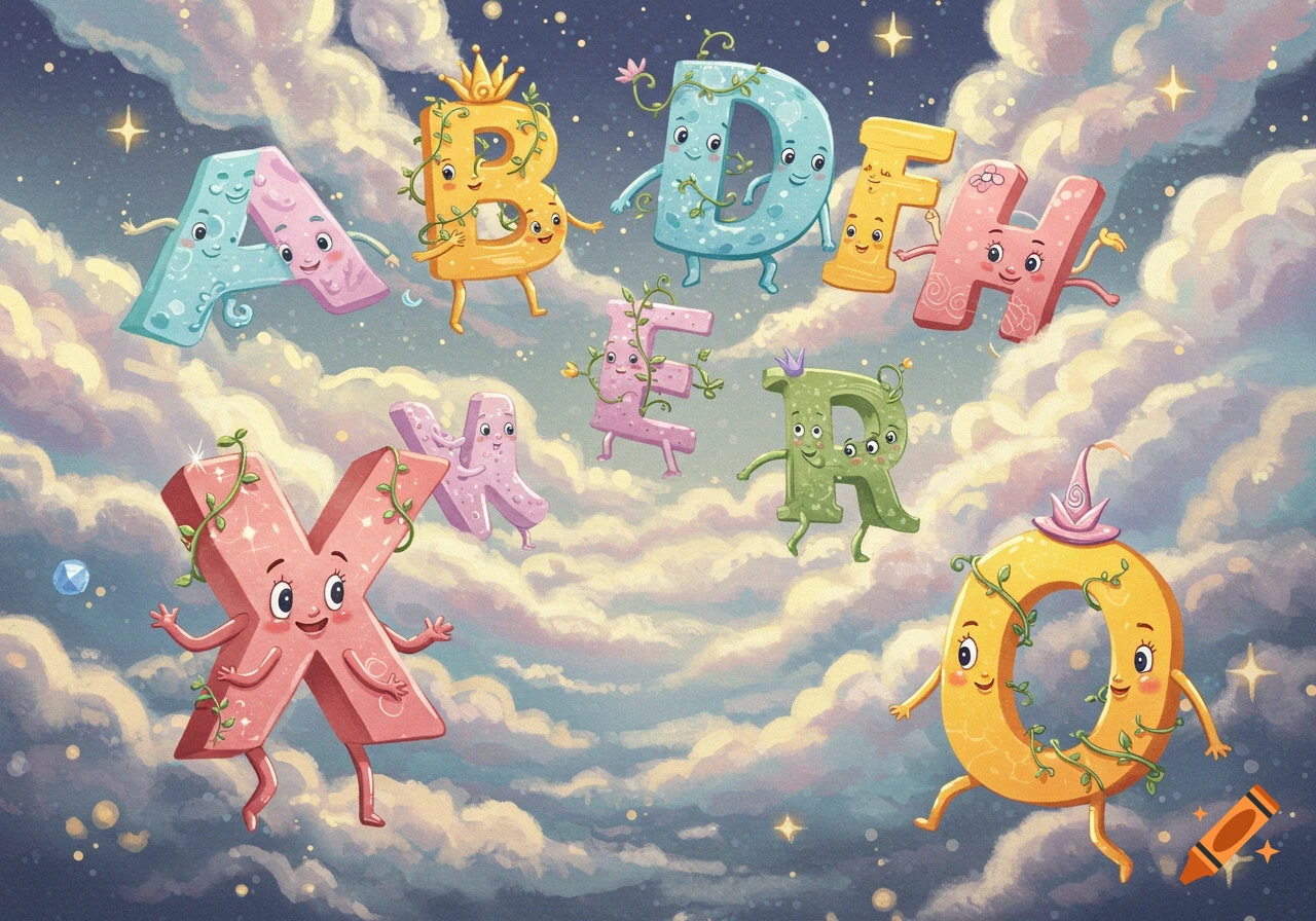 Cartoon alphabet letters with faces and limbs float among whimsical clouds and stars.