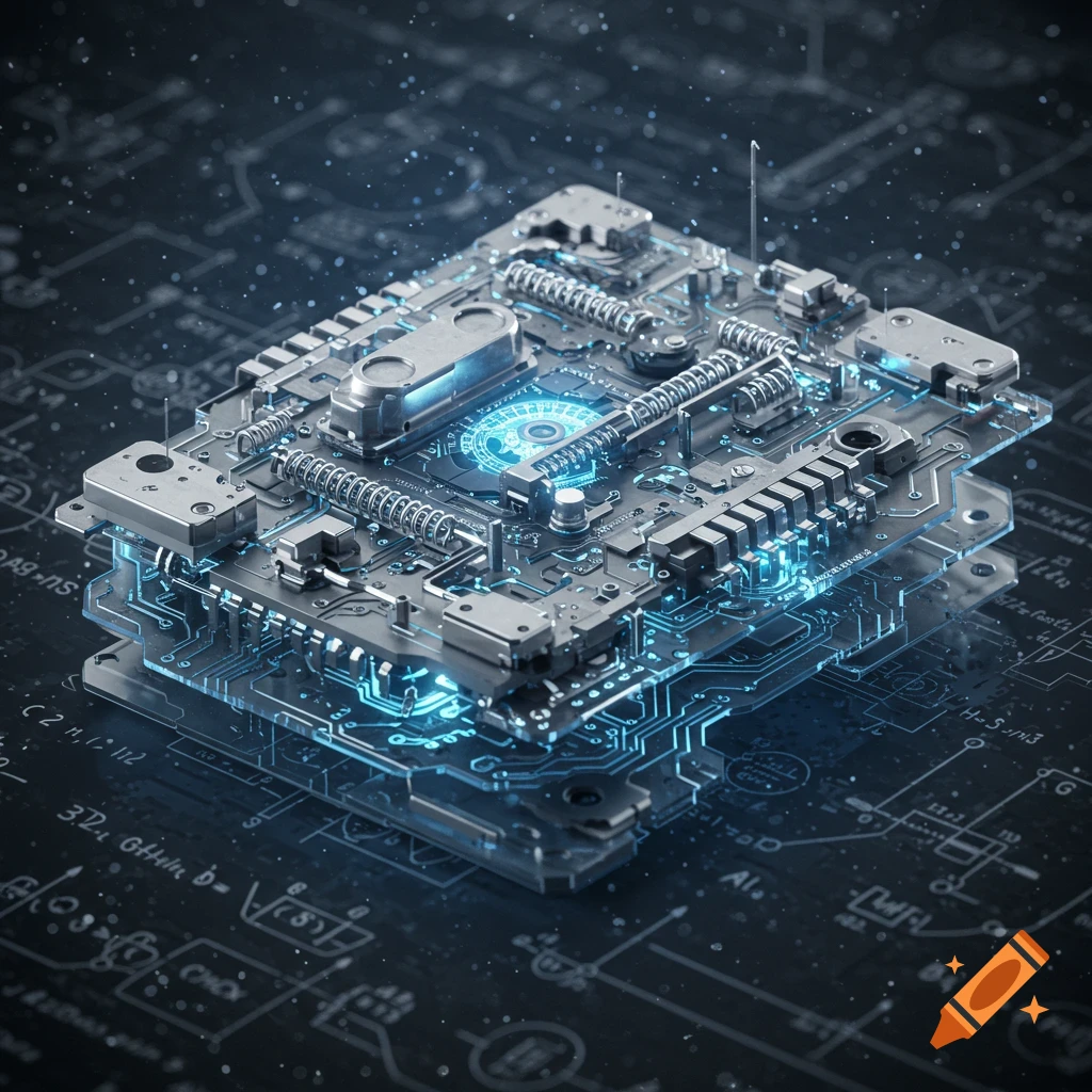 A highly detailed, futuristic circuit board with glowing blue components, layered over technical blueprints.