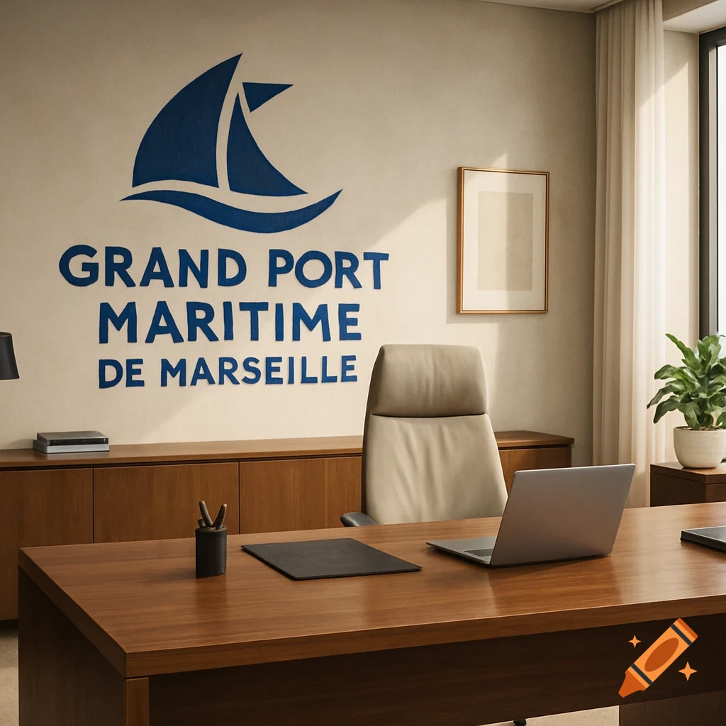 Photorealistic image of a modern office with a large wooden desk and an executive chair, featuring the blue 'Grand Port Maritime de Marseille' logo on the wall.