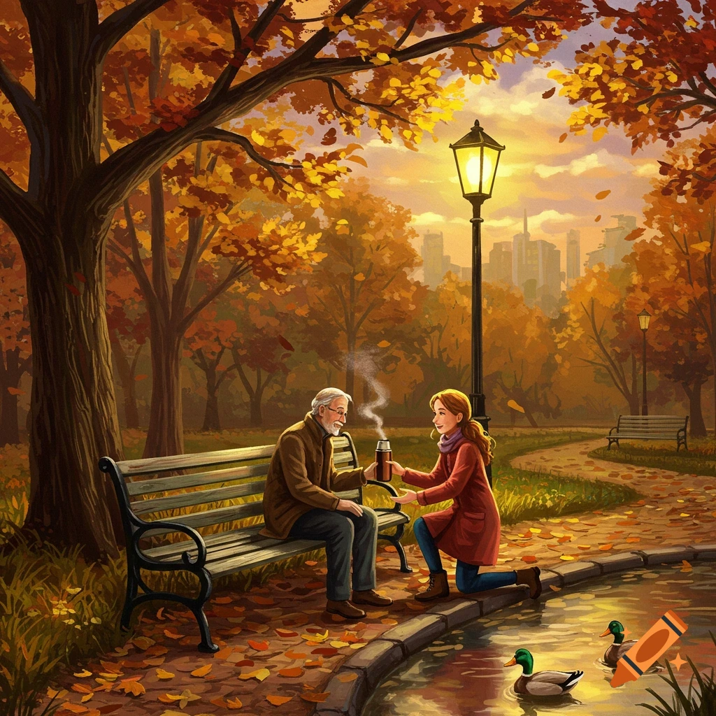 Illustrative scene of a woman offering a thermos to an elderly man on a park bench in an autumn setting with ducks.