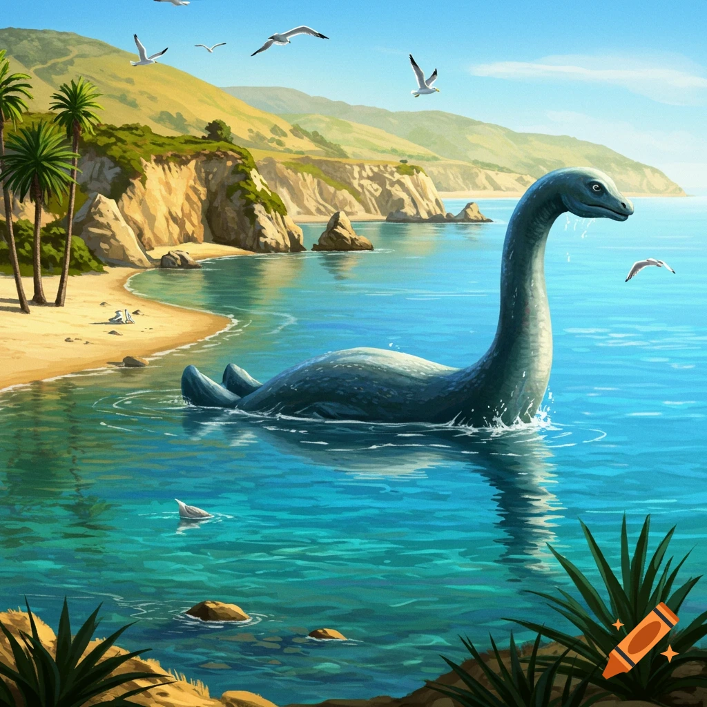 The Loch Ness monster swims in vibrant blue ocean water near a sunny sandy beach with palm trees and cliffs.