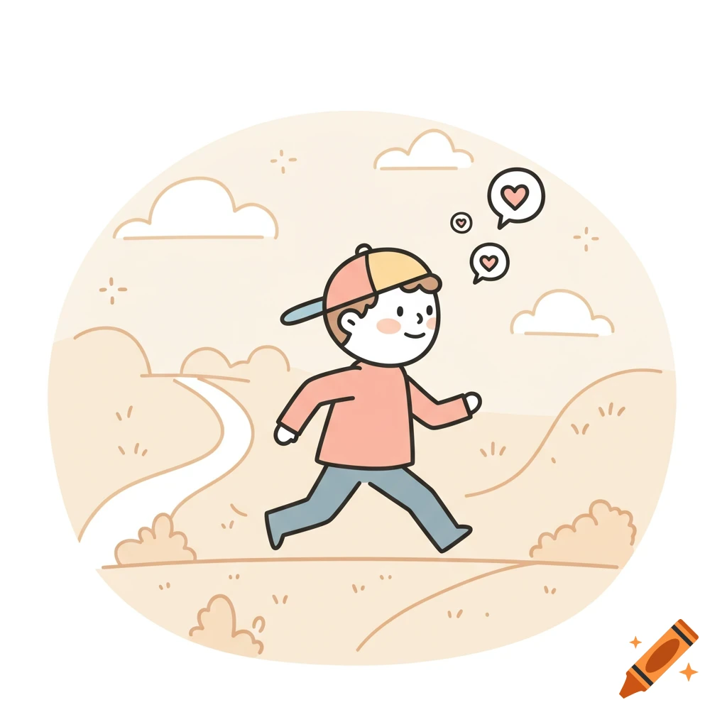 Cartoon illustration of a boy in a cap and t-shirt walking happily outdoors with heart bubbles above his head.
