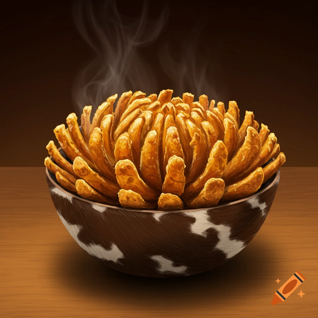 A hot, golden-fried blooming onion sits in a distinctive brown and white cowhide patterned bowl, emitting steam on a wooden table.