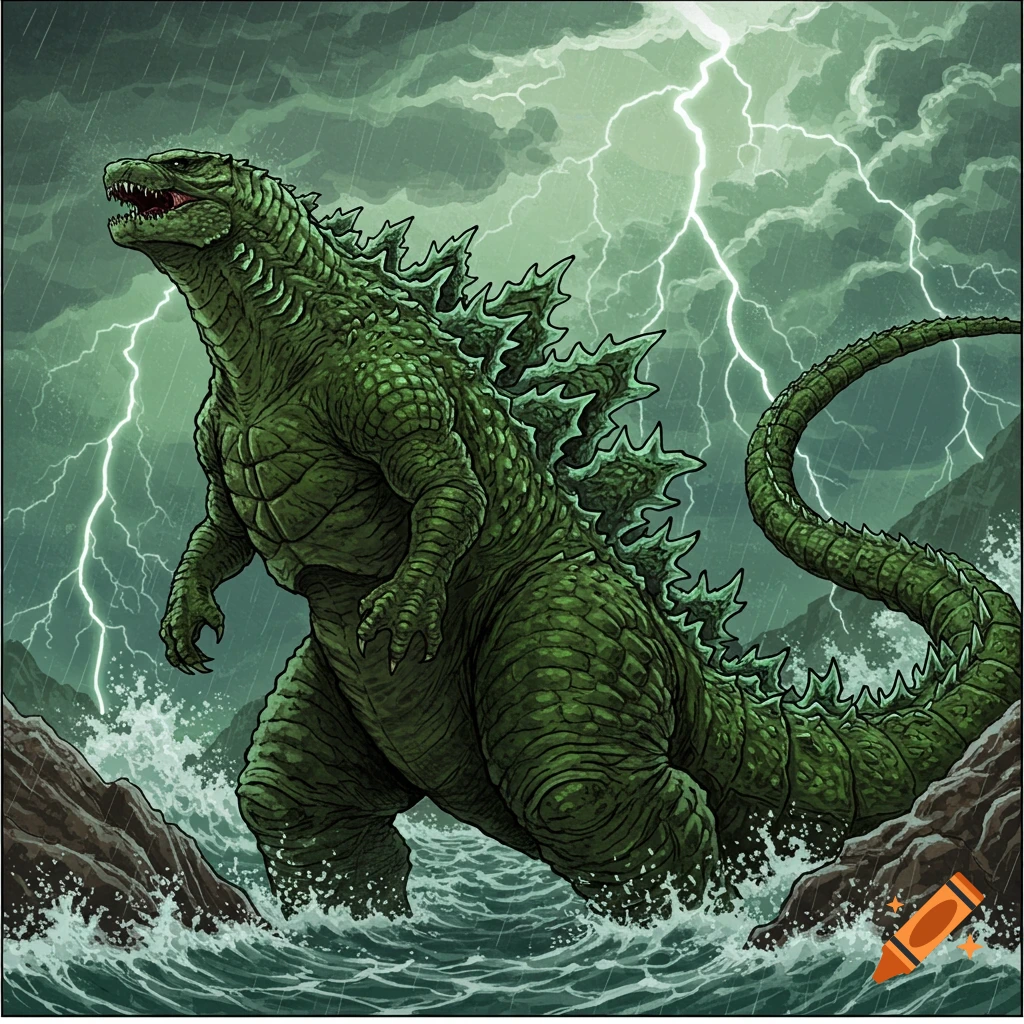 A green Godzilla roars in a stormy sea under lightning, rendered in a comic book illustration style.