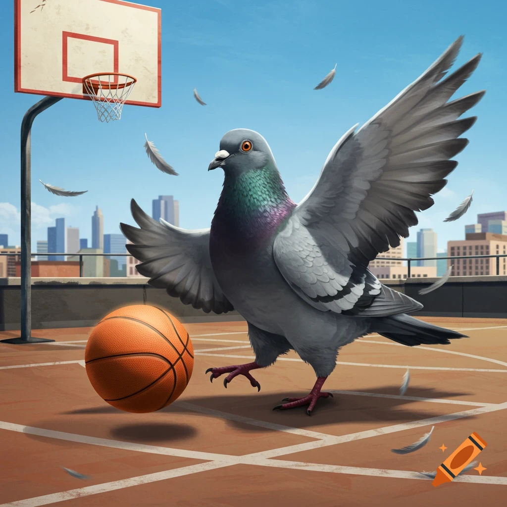 A large pigeon with spread wings stands on a rooftop basketball court next to a ball, with a hoop and cityscape.