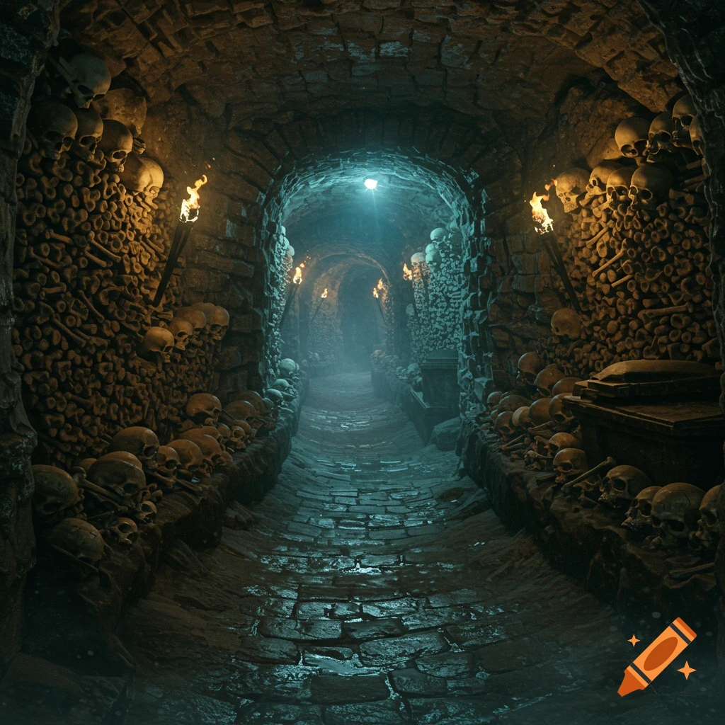 A dark, arched stone tunnel lined with stacks of human skulls and bones, lit by torches and a distant glow.