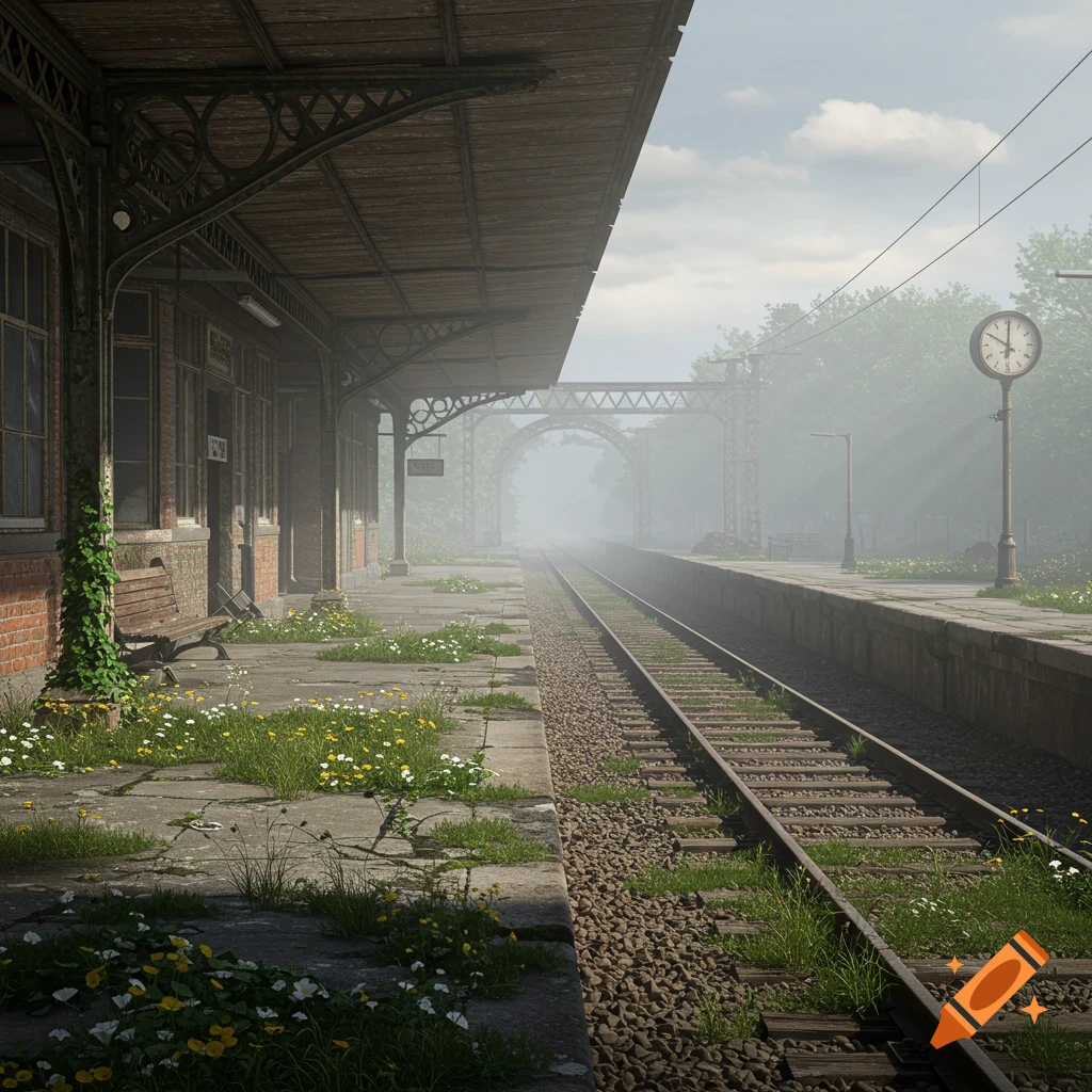 Photorealistic image of an abandoned train station platform overgrown with wildflowers and vines, with tracks disappearing into a misty distance.