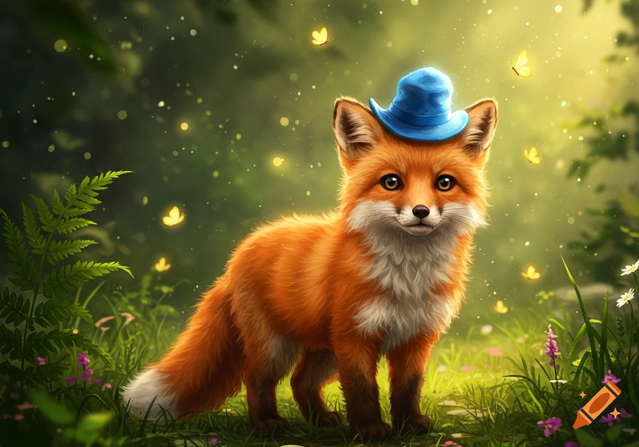 A cute, orange fox wearing a blue hat stands in a magical forest with glowing butterflies.