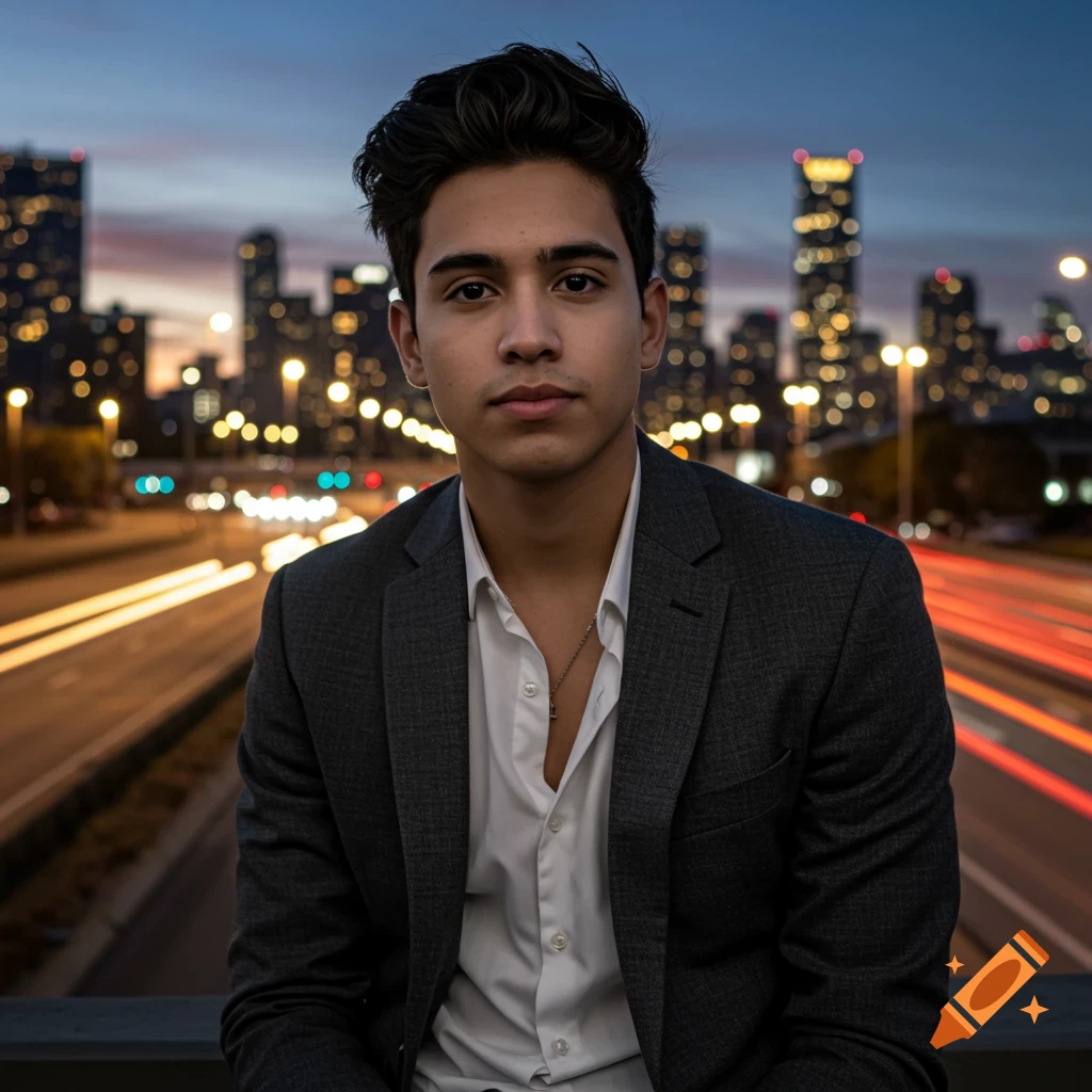 A young man in a suit jacket and white shirt poses in front of a city skyline at dusk with light trails on the road.