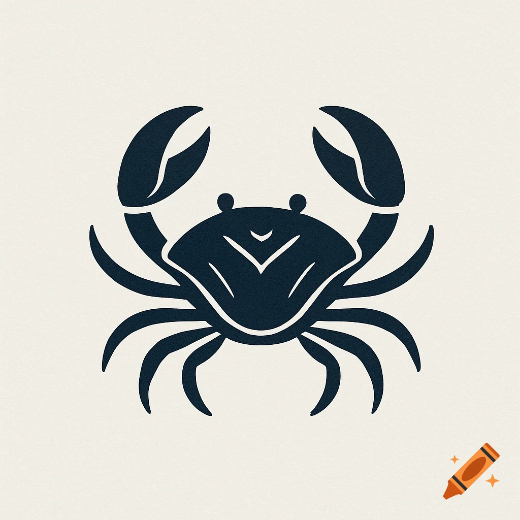 Monochrome minimalist logo of a crab with large claws and eight legs on a textured light background.