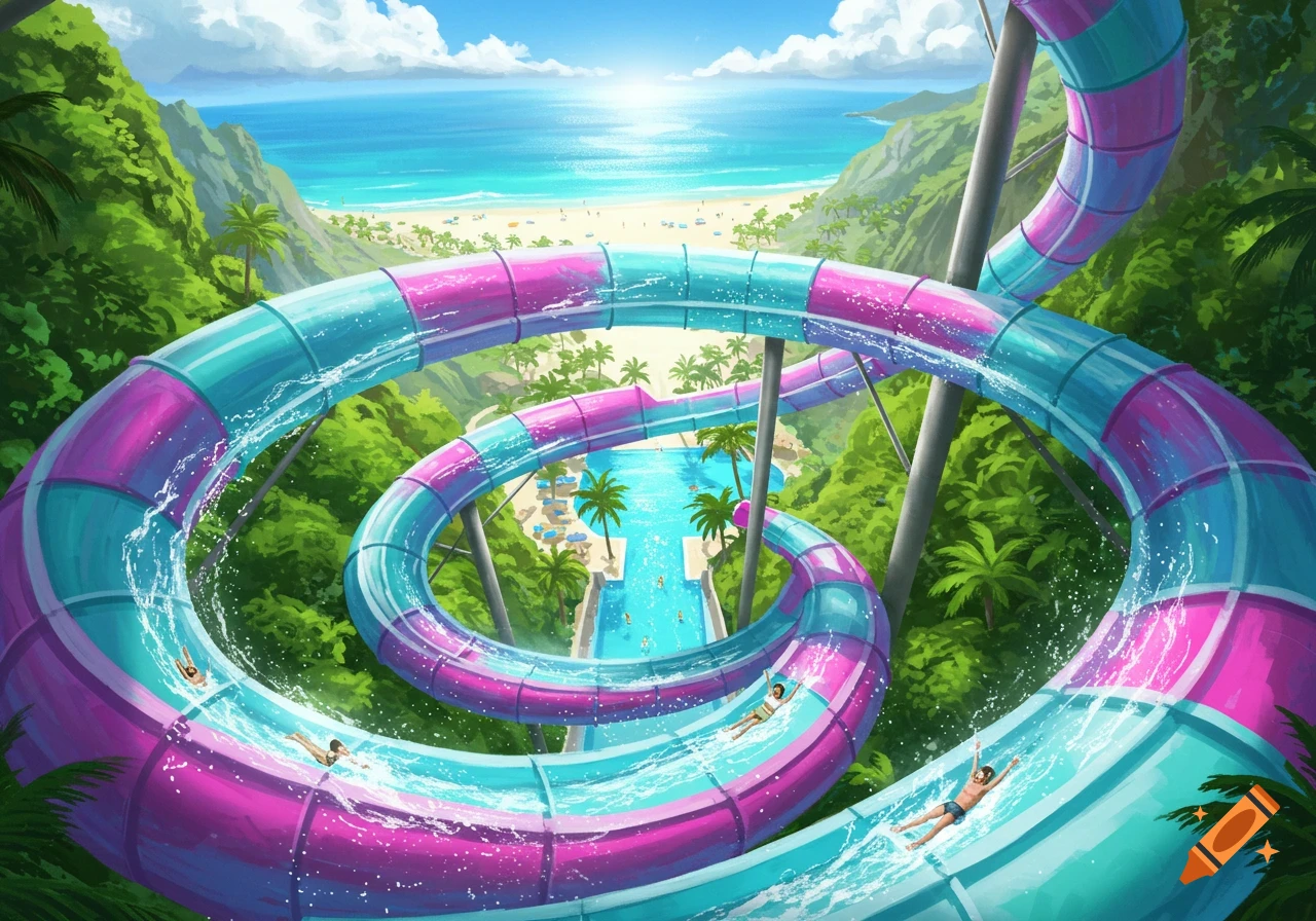 Vibrant illustration of a winding pink and blue waterslide with people, set in a lush tropical landscape overlooking a sunny beach and ocean.