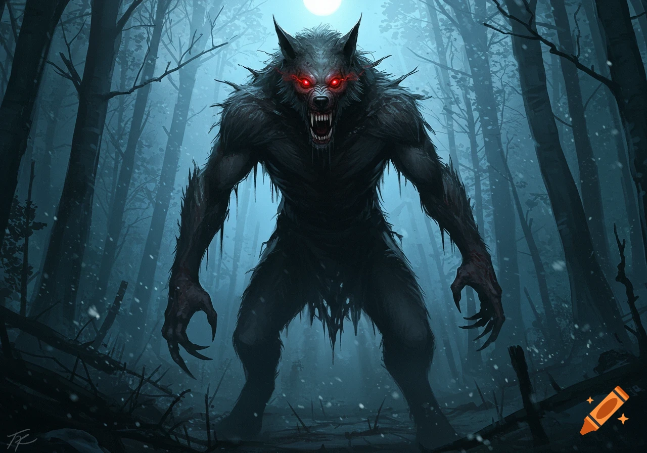 A menacing werewolf monster with glowing red eyes stands roaring in a dark, snowy forest under a full moon, digital painting.