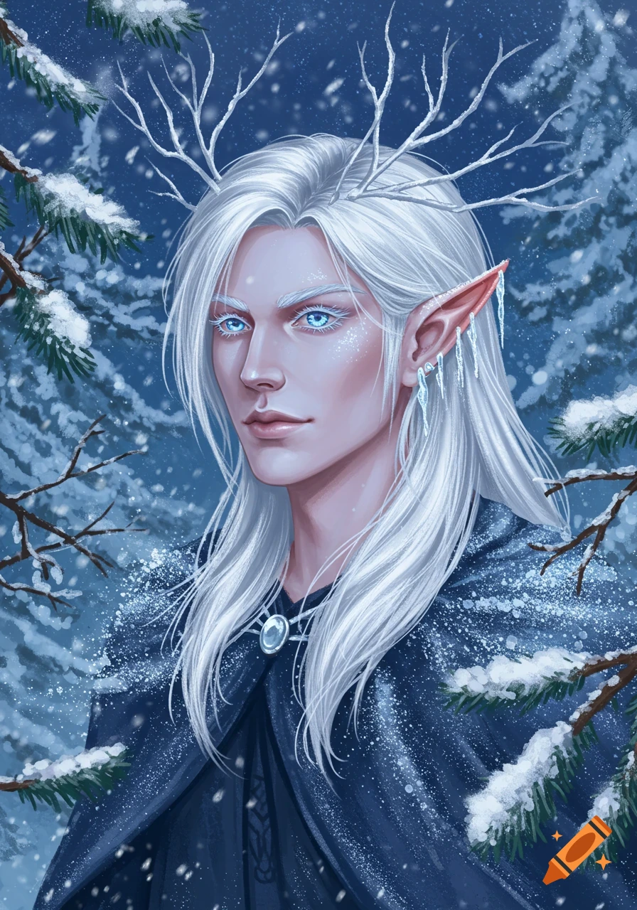 Digital painting of a male Winter Elf with white hair, antlers, glowing blue eyes, icicles on his pointed ears, in a snowy forest.