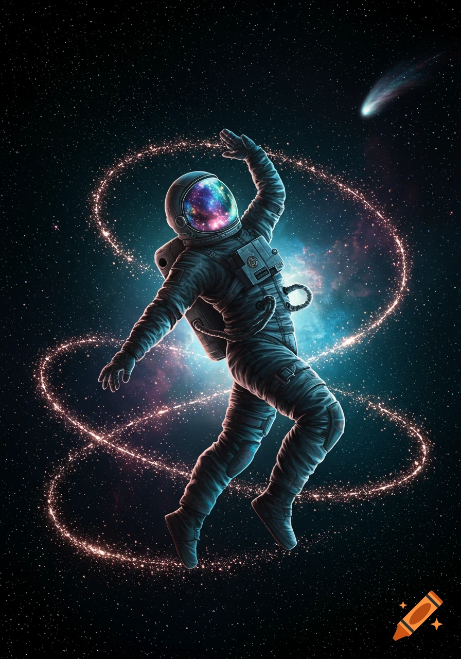 An astronaut floats and dances in a vibrant, starry nebula with a comet in the distance.