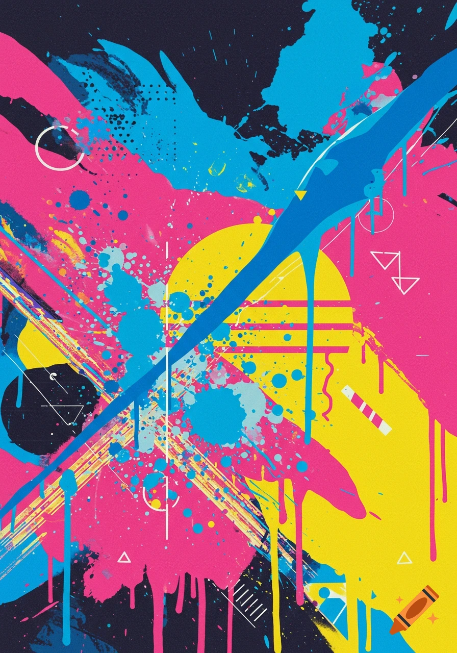 Abstract art with pink, yellow, and blue paint splatters, drips, and geometric shapes on a dark background in a synthwave style.