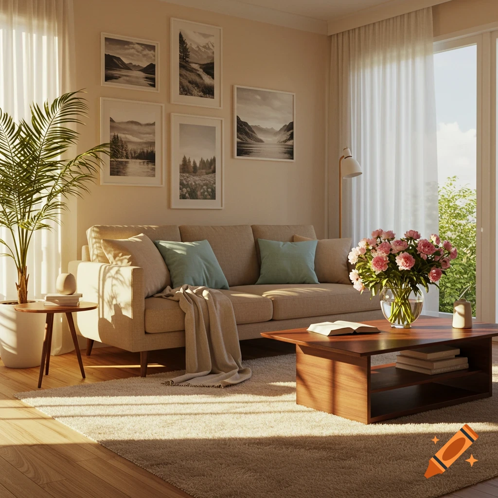 Photorealistic image of a sunlit living room with a beige sofa, a green plant, a coffee table, and framed nature art.