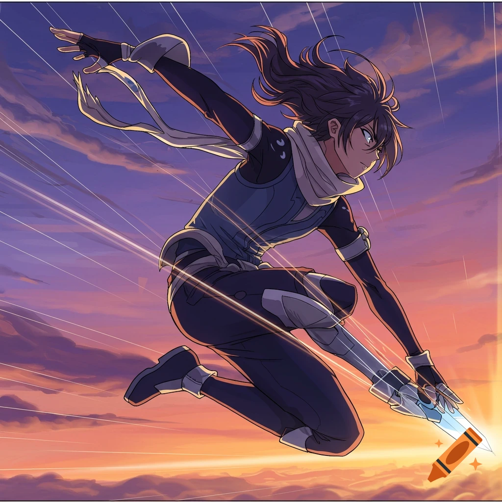 Anime character in a dynamic mid-air pose, holding a glowing sword, against a vibrant sunset sky with motion lines.