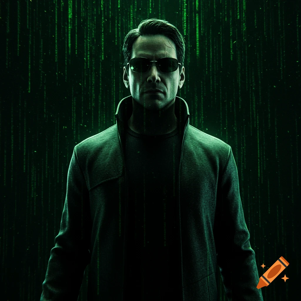 A man in sunglasses and a long trench coat stands in dramatic lighting against a background of green digital code rain.