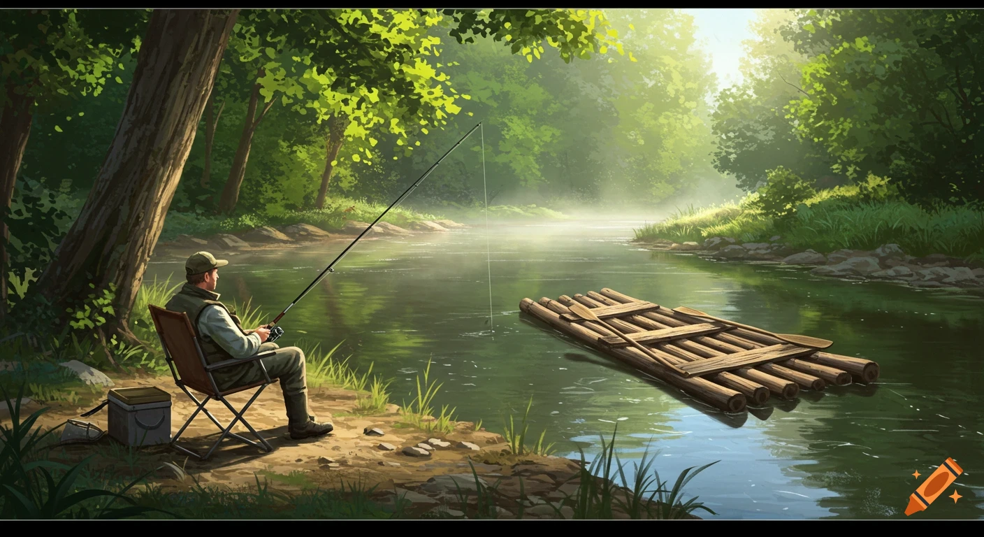 An illustration of a man fishing in a chair by a calm river, with lush green trees and a wooden raft.