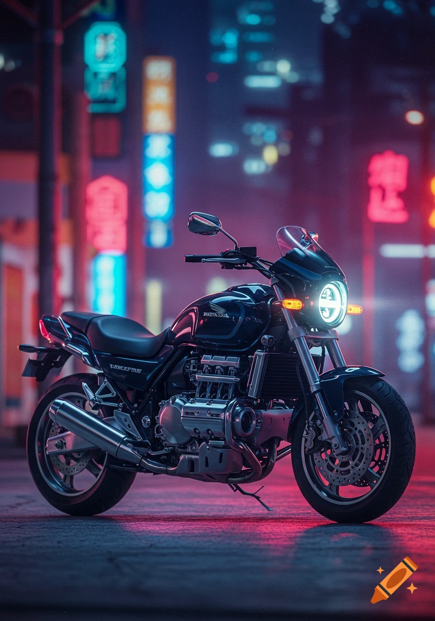 A black Honda Valkyrie motorcycle parked on a wet city street at night, illuminated by neon lights from surrounding buildings, in a photorealistic style.